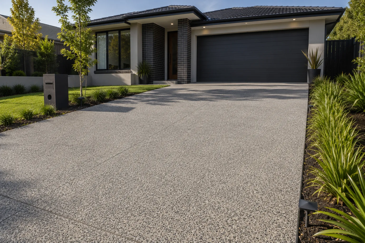 New plain concrete driveway leading to a modern single-storey home on Brisbane's Northside