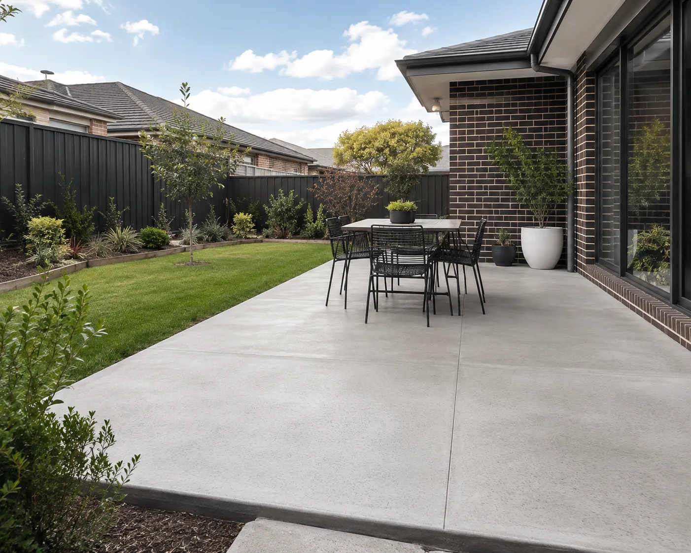 Large plain concrete patio with an outdoor table at the back of a brick home