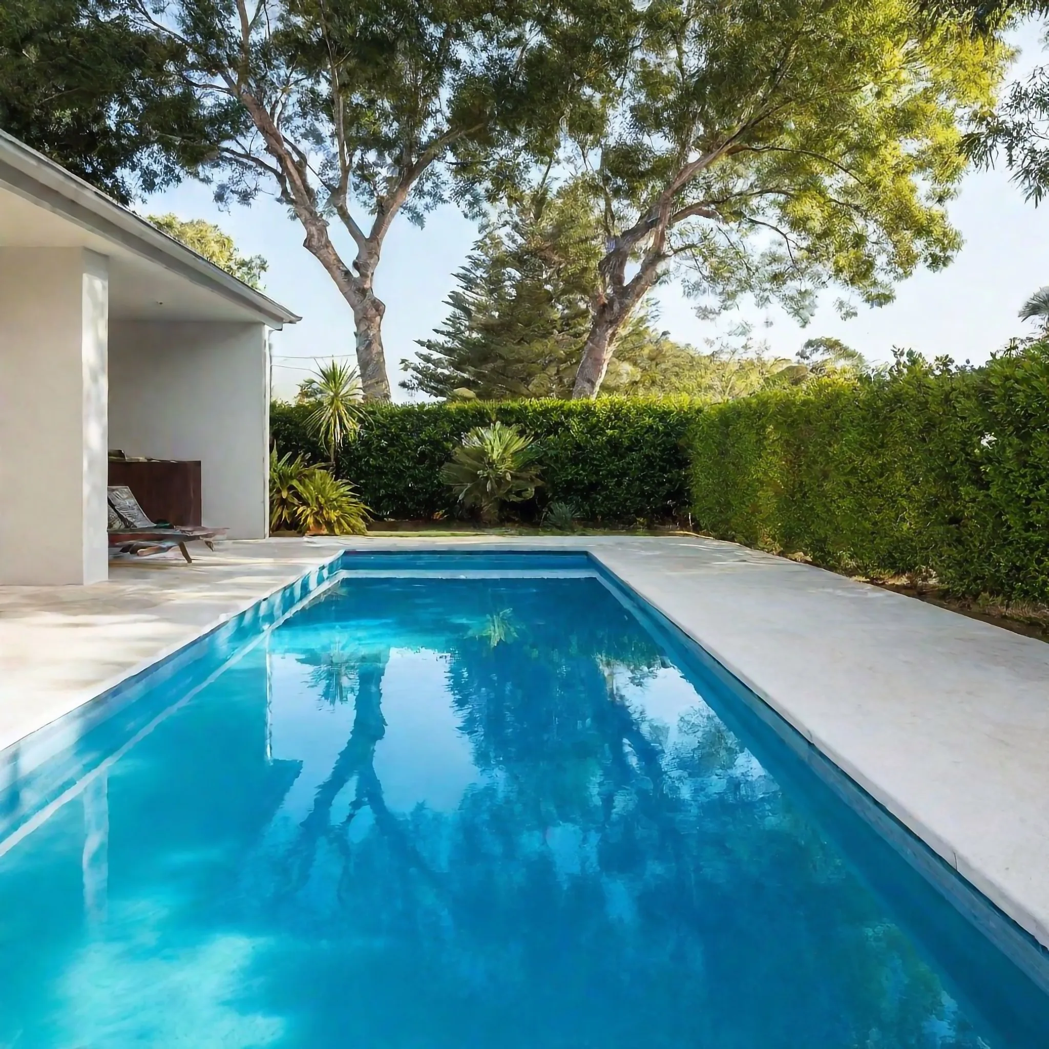 Light concrete pool surround beside a lap pool and garden